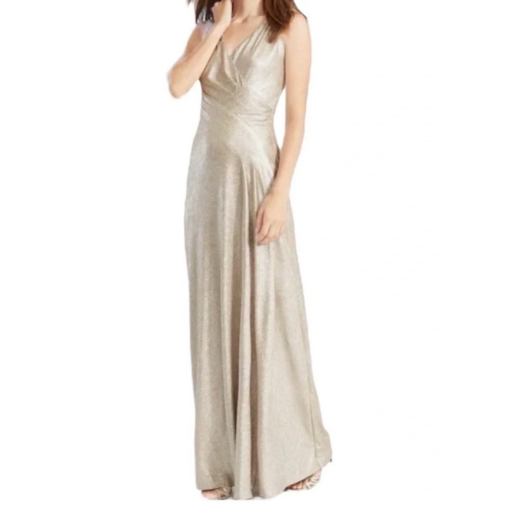 Lauren Ralph Lauren Evening Silver Metallic V-Neck Gown Dress 6 NEW